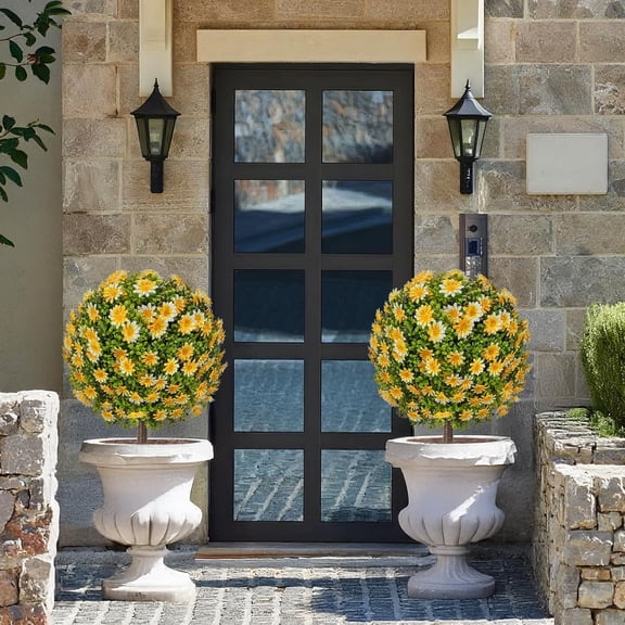 25" Artificial Topiary Ball Fall Tree with Yellow , Fake Mums Plants with Ground Spike, Set of 2  Resistant Faux Bushes, Fake Shrubs for Garden, , Porch, Yard, Indoor