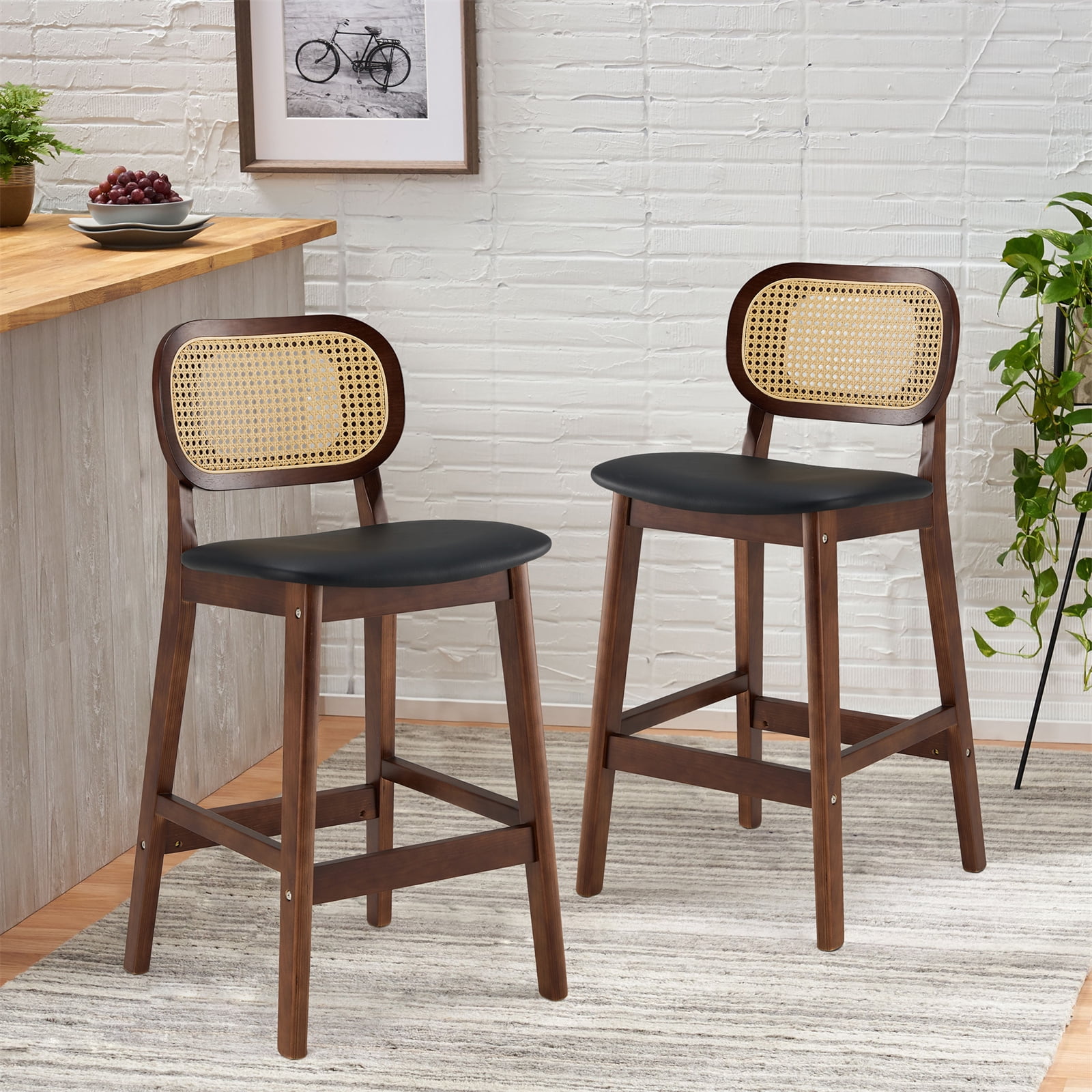 25" Black Faux Leather and Wood Counter Height Bar Stools with Rattan Backrest