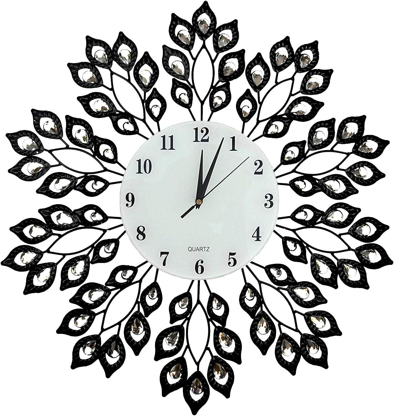 25” Black Leaf Metal Wall Clock, 9” White Glass Dial With Arabic