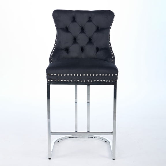 25" Black Velvet Counter Height Bar Stools Set of 2, Modern Button Tufted Upholstered Kitchen Island Chairs with Rivet Trim & Sturdy Chromed Metal Base, Farmhouse Style, Ergonomic Comfort