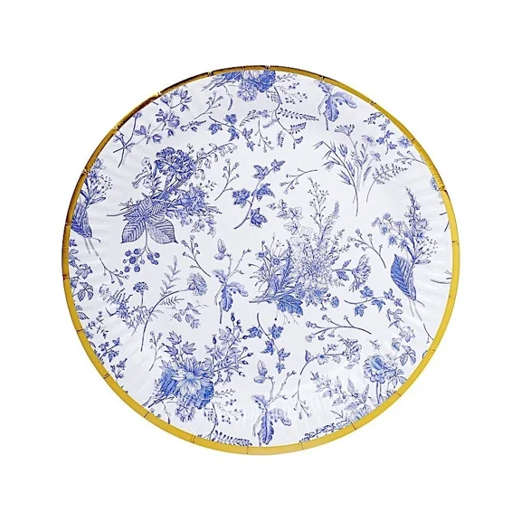 25 Blue 9" Floral Round Paper Plates Gold Rim Party Events Tableware Supplies