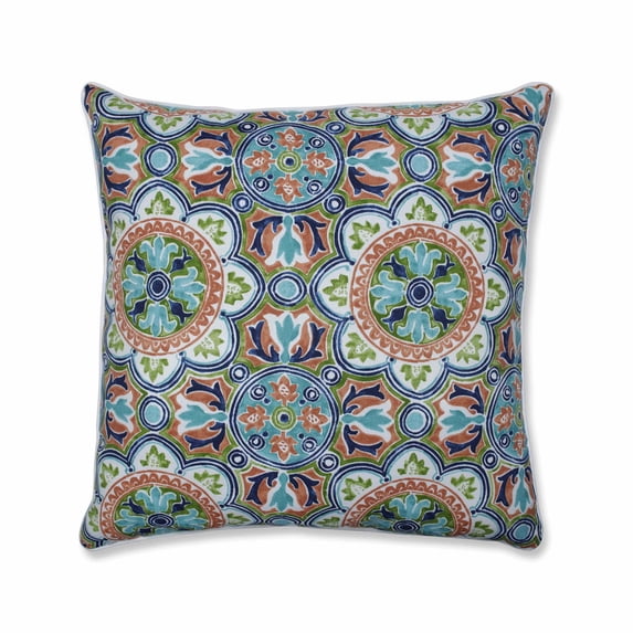 25" Blue and Green Damask Pattern Square Throw Pillow