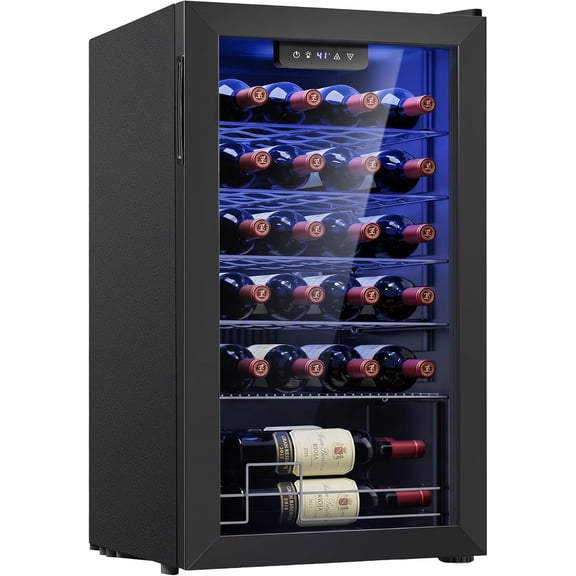 25 Bottle Compressor Wine Cooler Refrigerator, Freestanding Wine Cellar with 41-64F Adjust Temp & Double-layer Glass Door for Red and White, Wine Cooler for Home Bar, Black