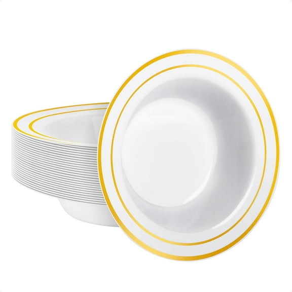25 Pack Plastic Bowls with Silver Rim, 12oz Disposable Soup Bowls for Weddings, Parties, Dinners, Catering, and Everyday Use