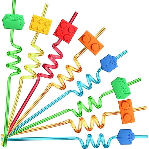 25 Building Blocks Party Favors Brick Block Drinking Straws | Building Blocks Birthday Party Supplies with 2 PCS Straws Cleaning Brush