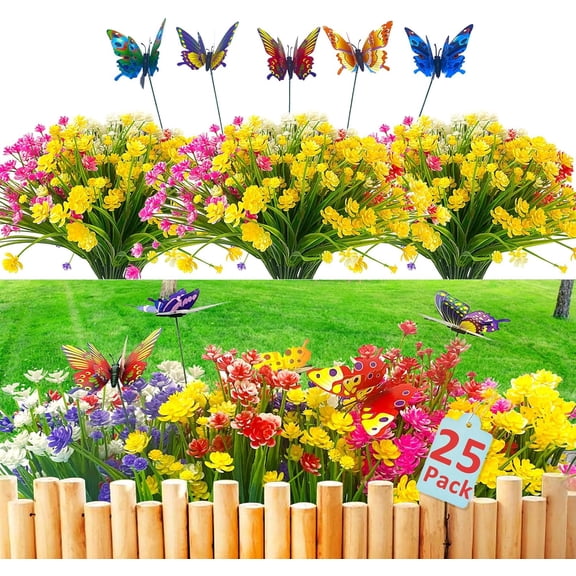 25 Bundles Artificial Flowers Outdoor Plastic Plants UV Resistant No Fade Faux Flowers Outside Plastic Plants Home Garden Wedding Farmhouse Porch Office Thanksgiving Decorating (5 Colors)