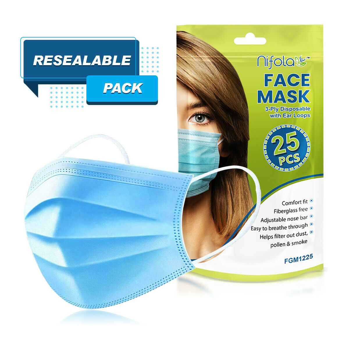 25 CT Disposable Ear loop Nose Clip Face Mask Blue 3 Ply Non-Woven Soft Fabric & Comfortable Outdoor Cover Guard Protection Breathable to Dust, Pollution, Fluids with Reusable Bag Package By Nifola - image 1 of 7