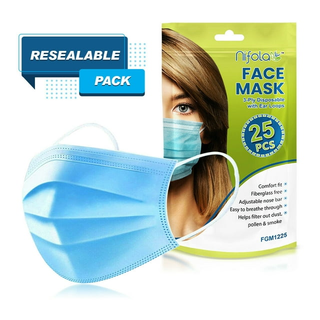25 CT Disposable Ear loop Nose Clip Face Mask Blue 3 Ply Non-Woven Soft Fabric & Comfortable Outdoor Cover Guard Protection Breathable to Dust, Pollution, Fluids with Reusable Bag Package By Nifola