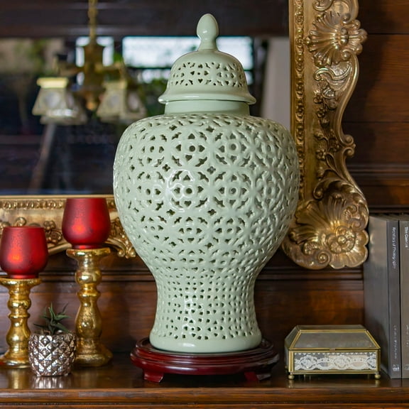 Red Lantern 25" Carved Temple Jar - Celadon