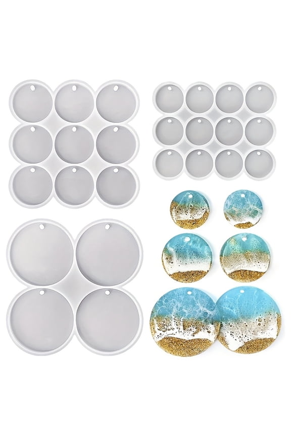 25-Cavity Set of Large + Medium + Small Shiny Flat Circle Silicone Mold, Drilled Round Earrings Pendant Mold, Keychain Resin Mold, Pet Tag Mold