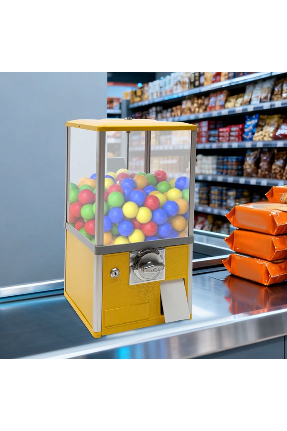 25 Cents Coin-Operated Gumball Machine, 20.87" H Commercial Vending Dispenser with 4 Keys, Holds 200pcs 1.77" Round Capsules/Bouncy Balls, Yellow