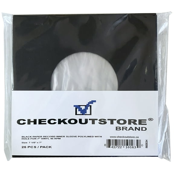 25 CheckOutStore Black Paper Record Sleeves Polylined With Hole for 7" Vinyl 45 RPM Records (Inner Sleeves)