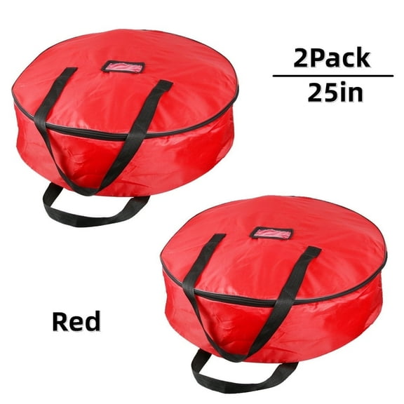 25” Christmas Artificial Wreaths & Garland Protect Holiday, Easter, Fall & -Zippered Canvas Tote with Handles Decorative Wreath Storage Bag-Red 2Pcs