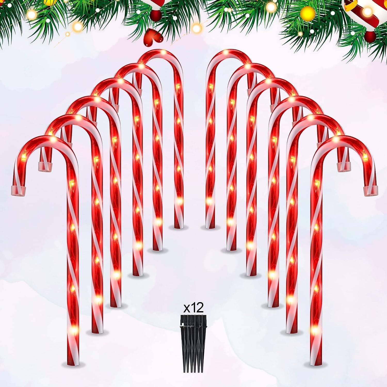 25" Christmas Candy Cane Lights, 72LED Outdoor Pathway Markers Lights Christmas Decor with Stakes, 12 pack,