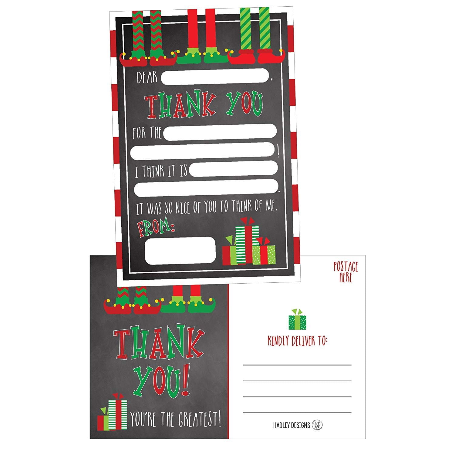 25 Christmas Holiday Kids Thank You Cards, Elf Fill In the Blank Thank ...