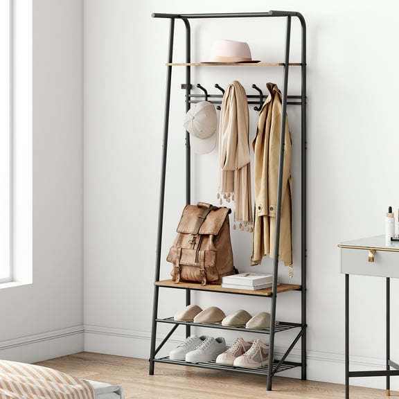 25" Coat Rack, Hall Tree with Shoe Bench for Entryway, Shoe Rack Organizer with 5 Coat Hooks, 3-in-1 Hall Tree Entryway Bench, Wooden Furniture with Metal Frame