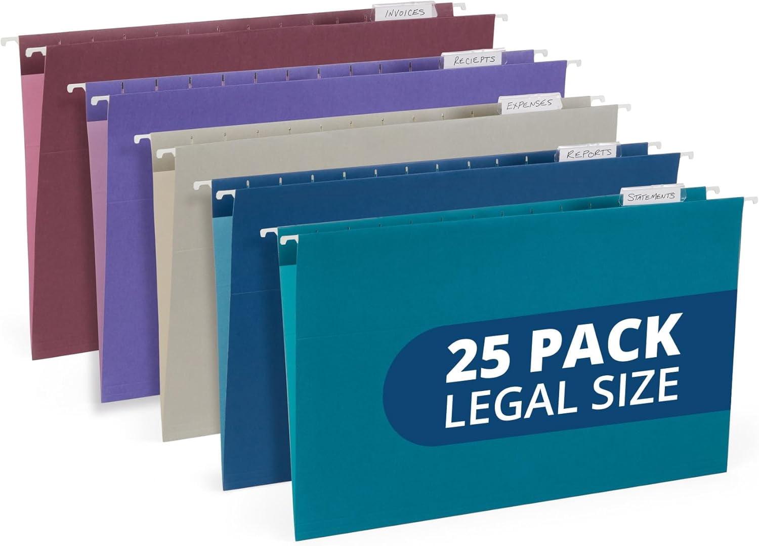 25 Colored Hanging File Folders Legal Size, 9.5" x 14.75", Legal Size Hanging File Folders for Filing Cabinet with Plastic Tabs and Inserts, Assorted Jewel Tone Colors, 11pt Paper