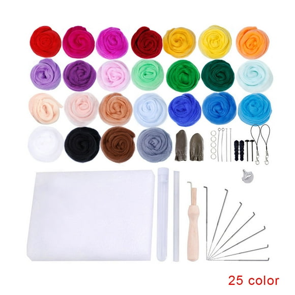 25 Colors Felt Yarn Roving Set Needle Felting Starter Kit Foam Mat Arts Crafts DIY Needle Felt Tools