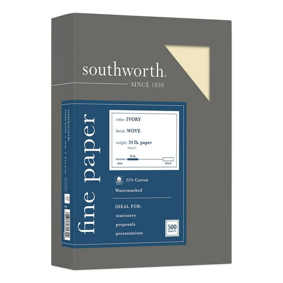 Southworth 25% Cotton Business Paper Ivory 24 lbs. Wove 8-1/2 x 11 500/Box FSC 404IC