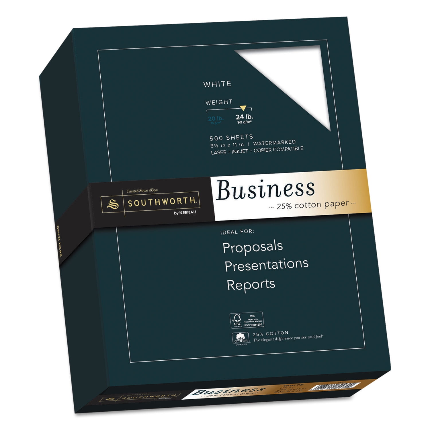 25% Cotton Business Paper, 95 Bright, 24 lb Bond Weight, 8.5 x 11, White, 500 Sheets/Ream 25% Cotton Business Paper, 95 Bright, 24 lb Bond Weight, 8.5 x 11, White, 500 Sheets/Ream