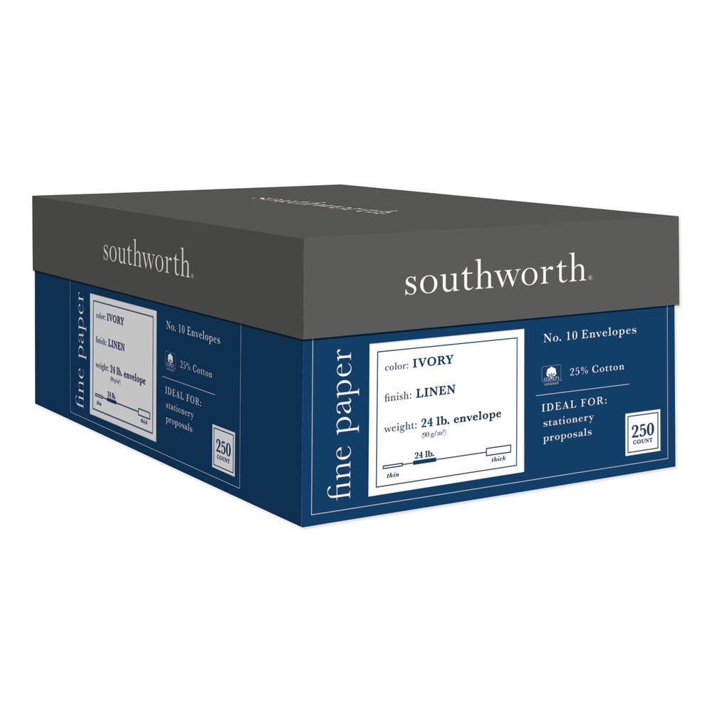 Southworth J564-10 25% Cotton Linen 4.13 in. x 9.5 in. Gummed Closure Commercial Flap #10 Envelope -Ivory (250/Box)