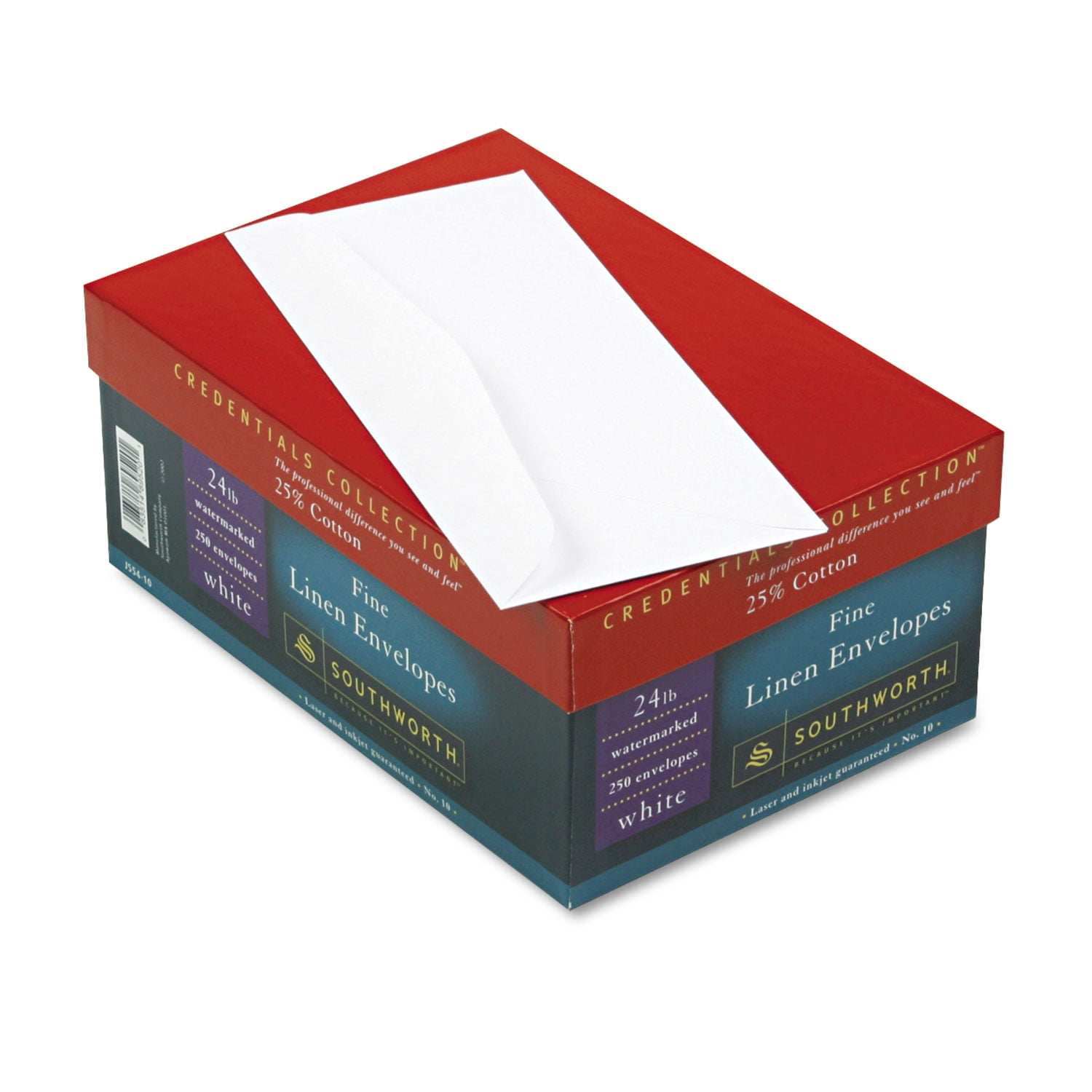 Southworth J554-10 Commercial Flap Gummed Closure 4.13 in. x 9.5 in. 25% Cotton Linen #10 Envelope - White (250/Box)