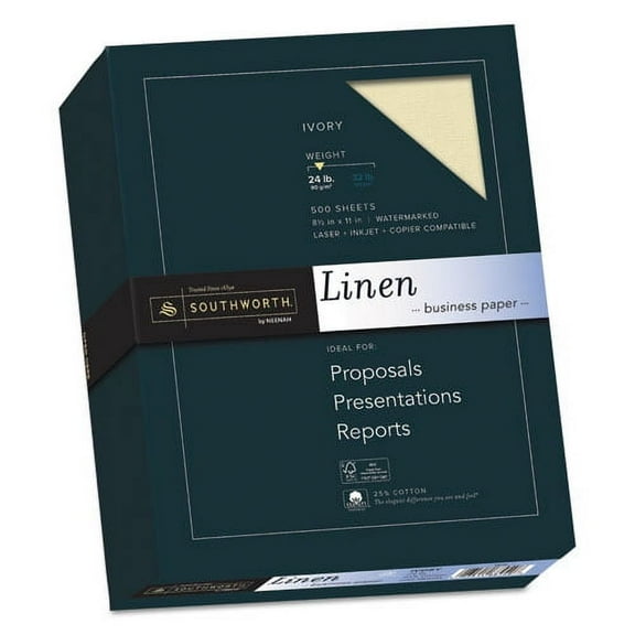 "25% Cotton Linen Business Paper, 24 lb Bond Weight, 8.5 x 11, Ivory, 500/Ream | Bundle of 2 Boxes"