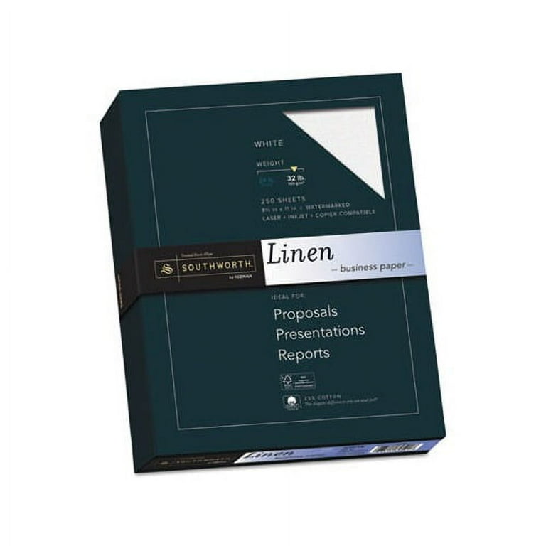 25% Cotton Linen Business Paper, 32 lb Bond Weight, 8.5 x 11, White, 250/Pack