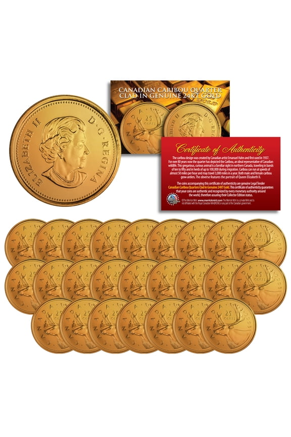 25 Count 2005 Canadian Caribou Quarter Uncirculated Queen Elizabeth II Gold Clad