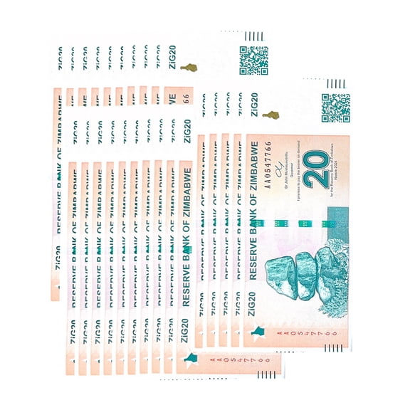 25 Count 2024 $20 Zimbabwe ZiG Banknotes - Uncirculated Collectible Currency Notes with QR Code