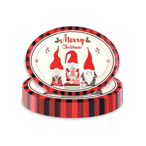 25 Count Christmas Oval Paper Plates,12.3"x9.3" Large Disposable Dinner Serving Platters for Holiday Xmas Dinnerware Table Decorations-Santa Pattern