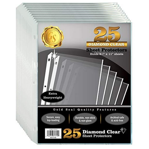 25 Count Diamond Clear Extra Heavyweight Sheet Protectors, 4 mils Strong, by Gold Seal, 8.5 x 11", Top Load, 25 Pack