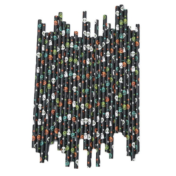 25-Count Halloween Paper Straws, Assorted Pumpkin Ghost Skeleton Designs