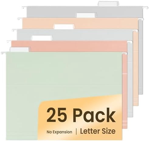 25 Count Hanging File Folders, Pastel Colors, Hanging File Folders Letter Size, Hanging Folders with 1/5-cut Tabs, Designed for Bulky Files, Filing Cabinets, Medical Charts