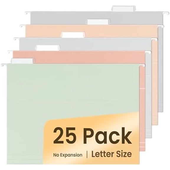 25 Count Hanging File Folders, Pastel Colors, Hanging File Folders Letter Size, Hanging Folders with 1/5-cut Tabs, Designed for Bulky Files, Filing Cabinets, Medical Charts