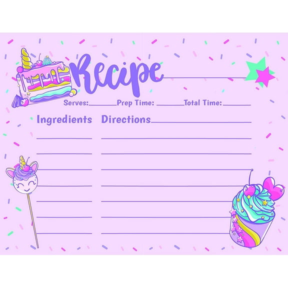25 Count Unicorn & Rainbow Sprinkles Pink Recipe Cards
