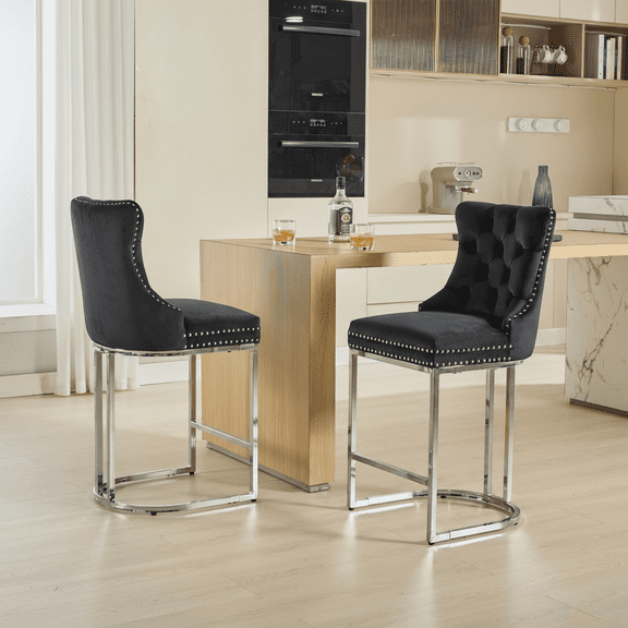 25" Counter Height Bar Stools Set of 2 for Kitchen Island - Modern Black Velvet Barstools with Button Tufted Back, Rivet Trim & Sturdy Chrome Base, Farmhouse Bar Chairs
