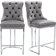 25 Counter Height Bar Stools Set of 2, Velvet Counter Stools for Kitchen Island, Tufted High Chair with Backs, Fabric Upholstered Modern Barstools for Pub Cafe, Chromed Metal Legs Gray, 2Pcs