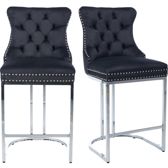 25" Counter Height Bar Stools Set of 2, Velvet Counter Stools for Kitchen Island, Tufted High Chair with Backs, Fabric Upholstered Modern Barstools for Pub Cafe, Chromed Metal Legs (Black, 2Pcs)