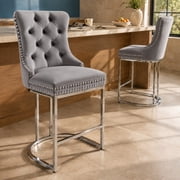Gray Velvet Counter Height Bar Stools Set of 2, High-Back Chairs - Bar Stools with Backs, Kitchen Island Chairs and Counter Stools, Modern Upholstered Barstool with Silver Nailhead Trim