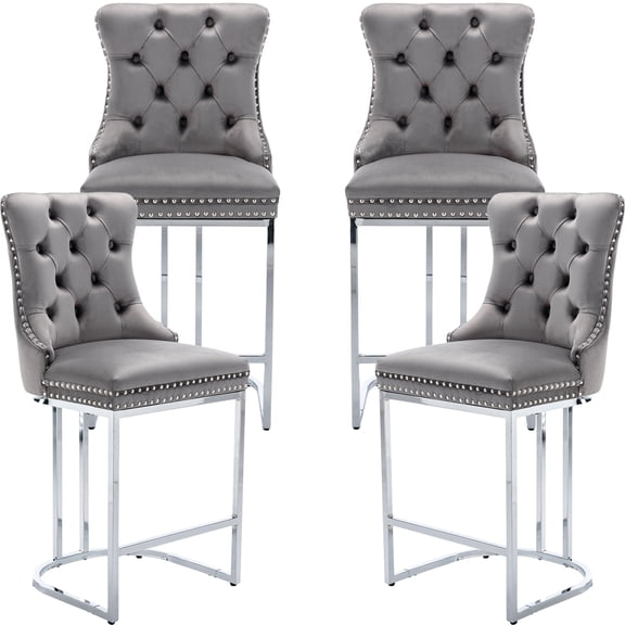 25" Counter Height Bar Stools Set of 4, Velvet Counter Stools for Kitchen Island, Tufted High Chair with Backs, Fabric Upholstered Modern Barstools for Pub Cafe, Chromed Metal Legs (Gray, 4Pcs)