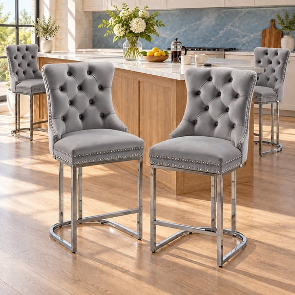Gray Velvet Counter Height Bar Stools Set of 4, High-Back Chairs - Bar Stools with Backs, Kitchen Island Chairs and Counter Stools, Modern Upholstered Barstool with Silver Nailhead Trim