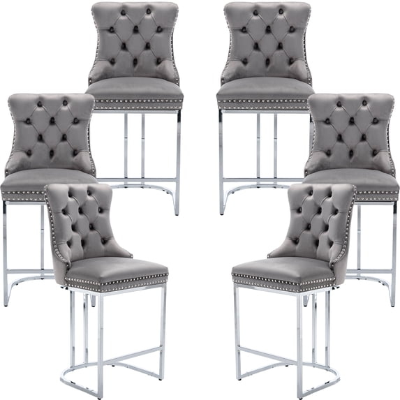 25" Counter Height Bar Stools Set of 6, Velvet Counter Stools for Kitchen Island, Tufted High Chair with Backs, Fabric Upholstered Modern Barstools for Pub Cafe, Chromed Metal Legs (Gray, 6Pcs)