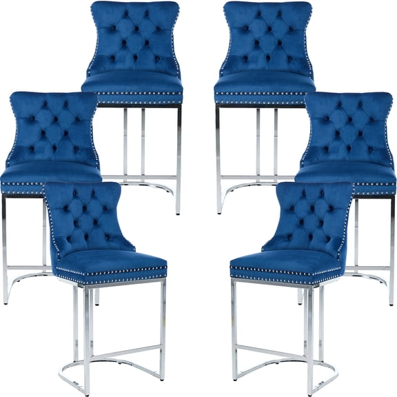 25" Counter Height Bar Stools Set of 6, Velvet Counter Stools for Kitchen Island, Tufted High Chair with Backs, Fabric Upholstered Modern Barstools for Pub Cafe, Chromed Metal Legs (Navy, 6Pcs)
