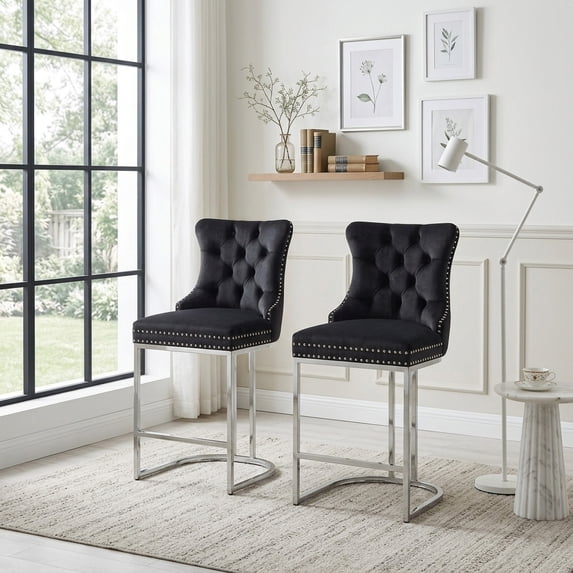 25" Counter Height Bar Stools, Set of 2, Black Velvet Upholstered Kitchen Island Chairs wi