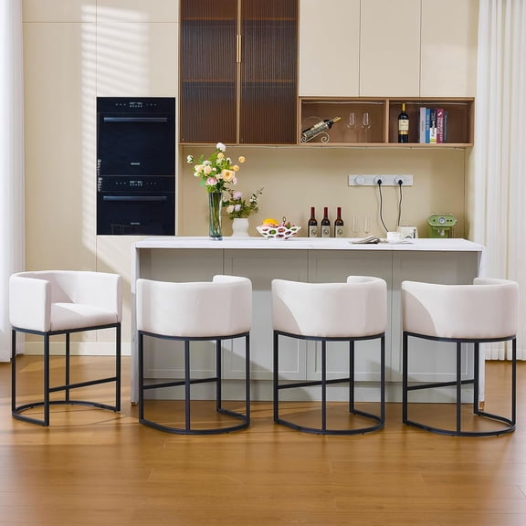25" Counter Height Bar Stools Set of 4, Modern Barrel Barstools with Back, Metal Frames, Upholstered Bar Stools for Kitchen Island, Pub, Club (Beige)