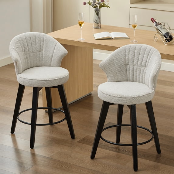 25" Counter Height Swivel Bar Stools (2) - Solid Wood Legs, Chenille Upholstery In White, Leveling Feet For Home Pub, Dining Room, Kitchen Island Enjoyment Adjustable (2pcs) Wood, Chenille, Island,