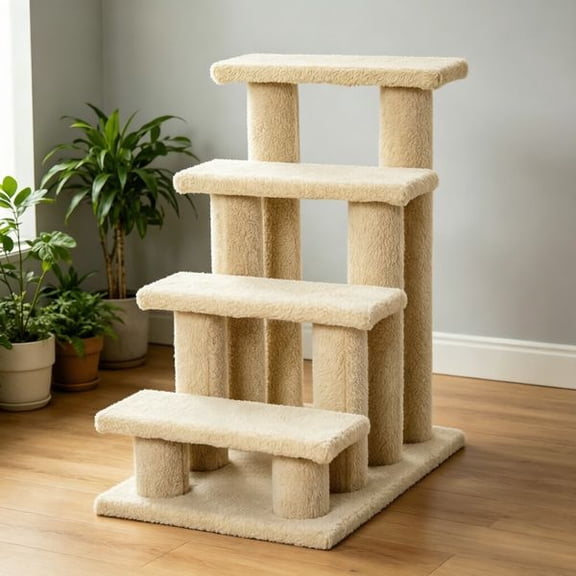 25" Cream White 4-Step Multi-Level Carpeted Cat Scratching Post Pet Stairs
