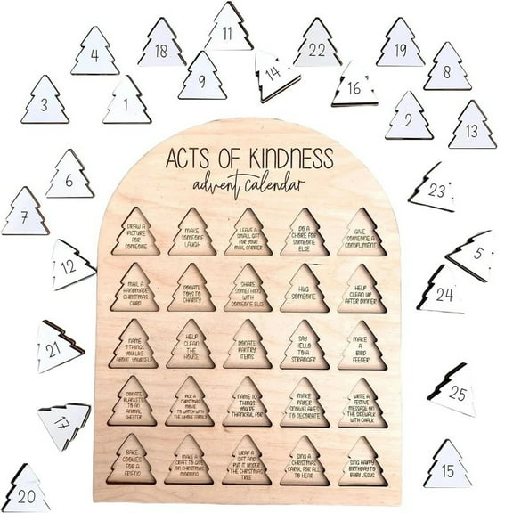 25-Day Countdown Christmas Tree Wooden Advent Calendar - Tabletop Decoration for Holiday Home Decor, Creative Gift with Acts of Kindness Theme