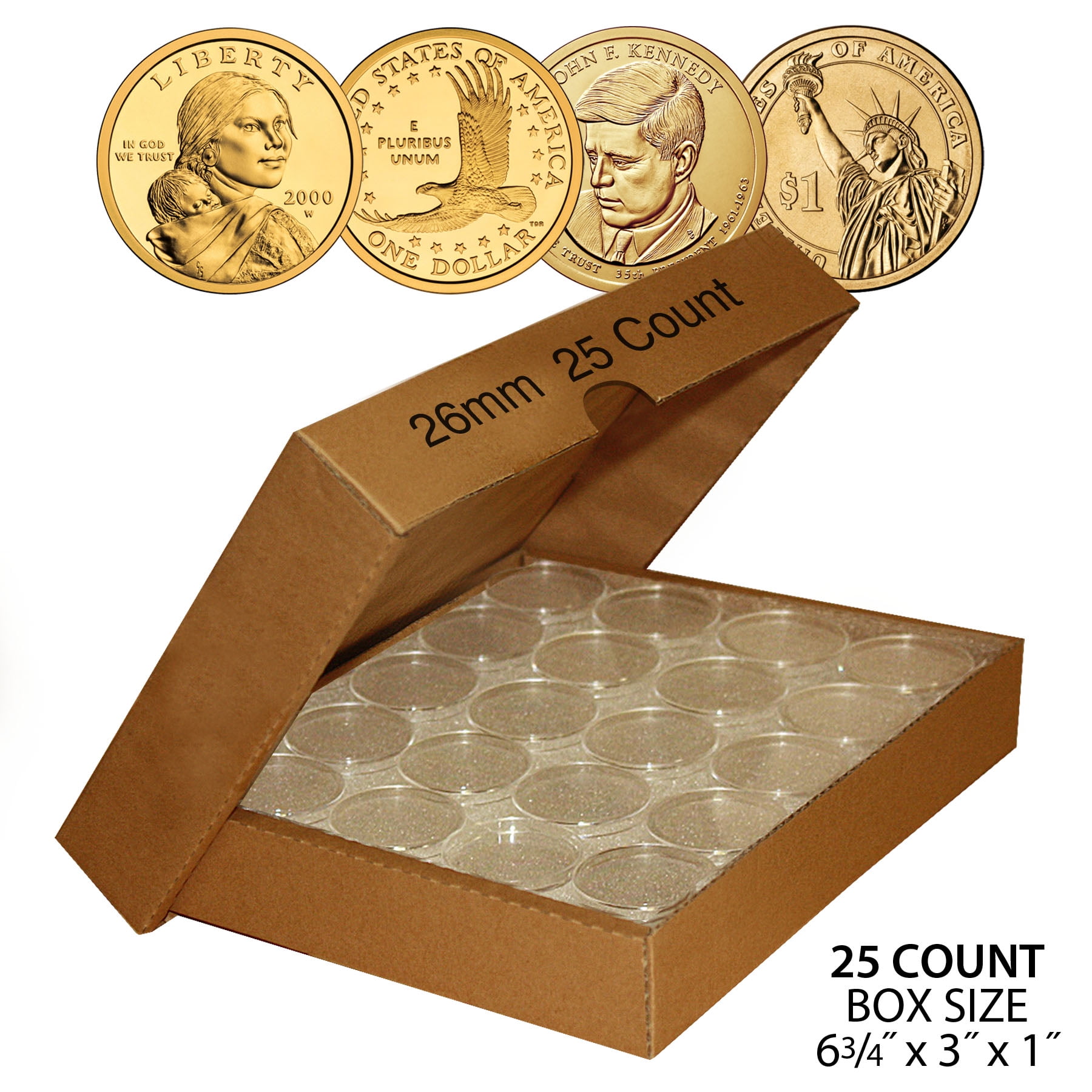 MERRICK MINT 25 Direct Fit Airtight 26mm Coin Capsules For PRESIDENTIAL $1 /SACAGAWEA w/ BOX